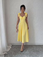 Sweetheart Bow Strap Tea-Length Dress – Fit & Flare Vintage Midi | Oyese