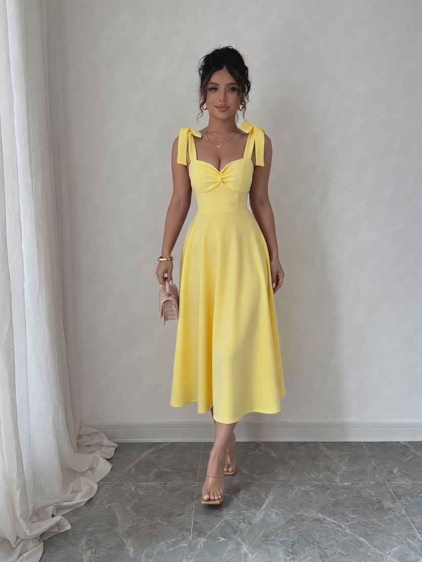 Sweetheart Bow Strap Tea-Length Dress – Fit & Flare Vintage Midi | Oyese