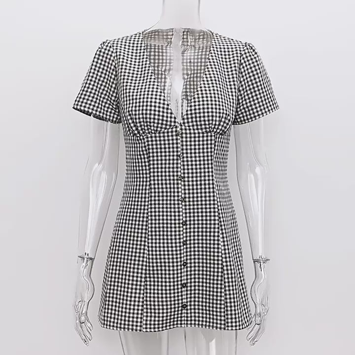 V-Neck Button Front Gingham Fitted Mini Dress | Oyese