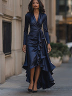 V-Neck Wrap Belted Satin High-Low Ruffle Dress | Oyese