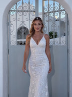 V-Neck Lace Appliqué Mermaid Gown – Spaghetti Strap Bridal Formal Dress | Oyese