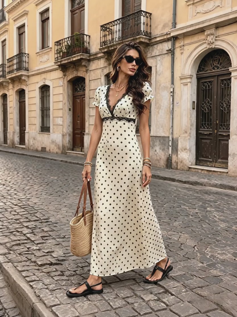 Polka Dot Lace Trim Puff Sleeve Maxi Dress – French Deep V Vintage | Oyese