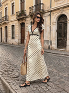 Polka Dot Lace Trim Puff Sleeve Maxi Dress – French Deep V Vintage | Oyese