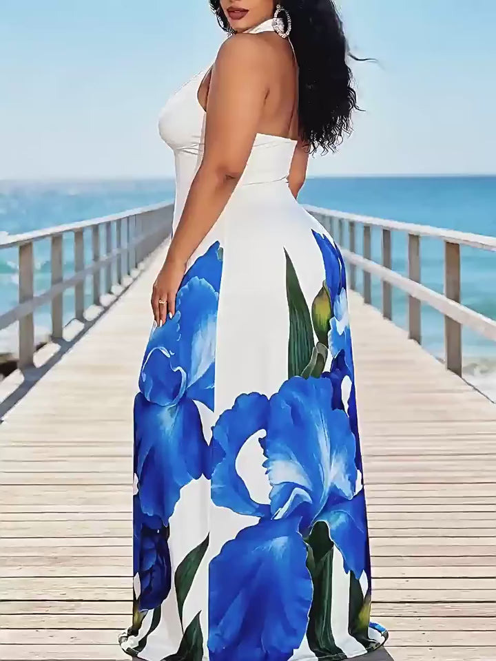Plus Size Halter Keyhole Floral Print Bodycon Maxi Dress | Oyese