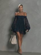 Off-Shoulder Lace Sleeve Smocked Mini Dress | Oyese