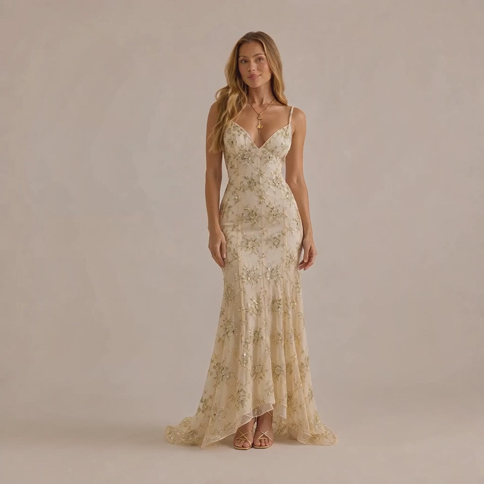 V-Neck Sequin Lace-Up Backless Mermaid Gown – Sparkly Prom Dress | Oyese