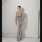 V-Neck Floral Sequin Embroidered Mermaid Evening Gown | Oyese