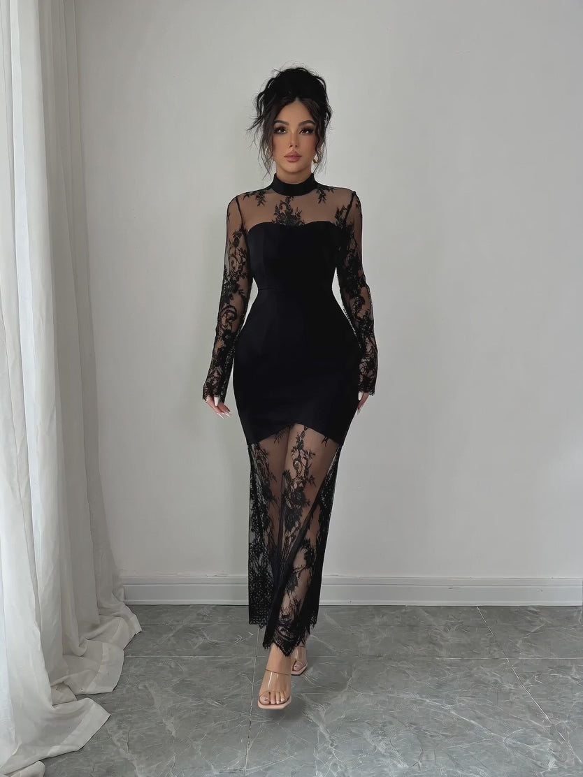 Floral Lace Long Sleeve Glove Fishtail Maxi Dress | Oyese