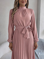Ruffled Mock Neck Belted Pleated Midi Dress | Oyese