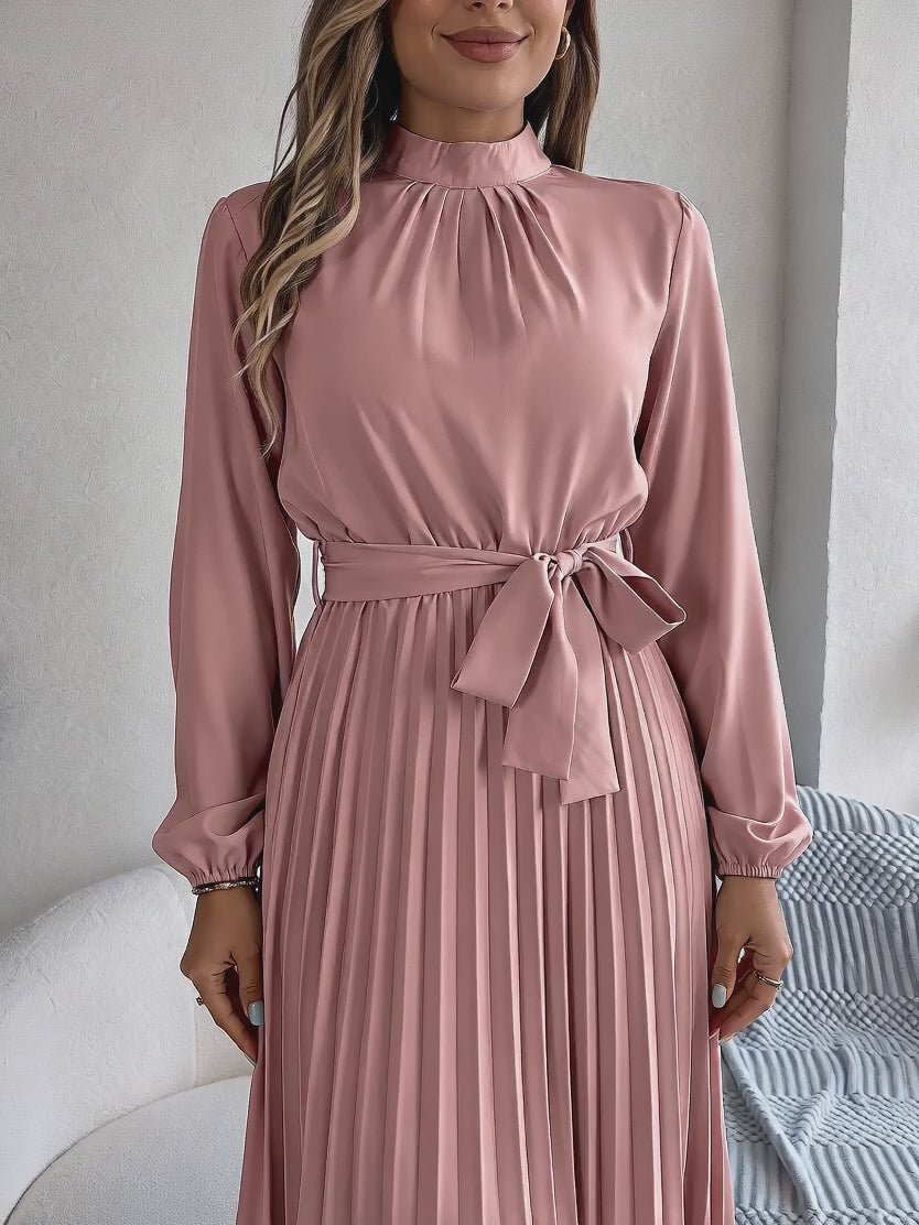 Ruffled Mock Neck Belted Pleated Midi Dress | Oyese