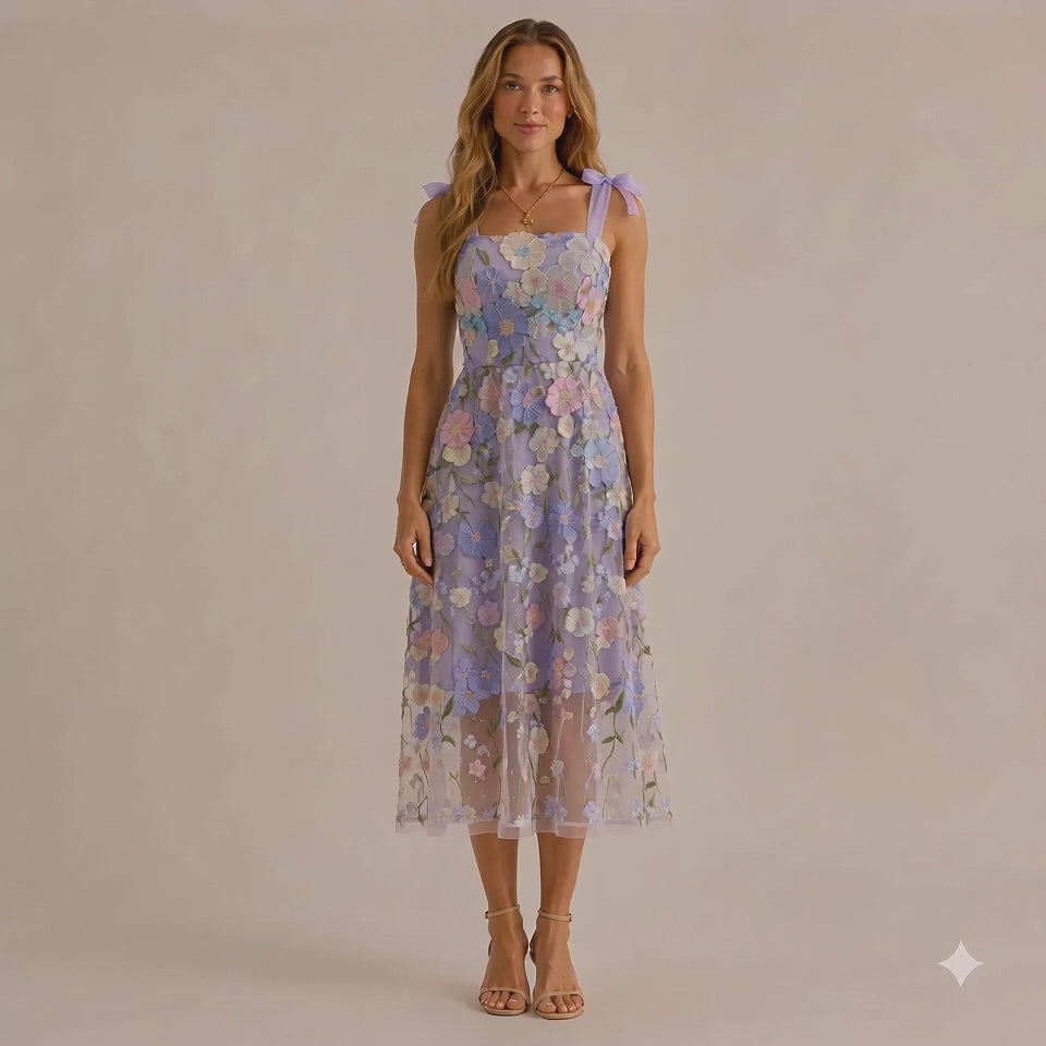 3D Floral Embroidered Tulle Mini Dress – Bow Strap Sweetheart Party Dress | Oyese