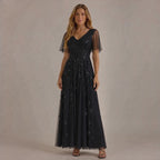 Deep V-Neck Sequin Tulle A-Line Gown – Flutter Sleeve Formal Evening Dress | Oyese