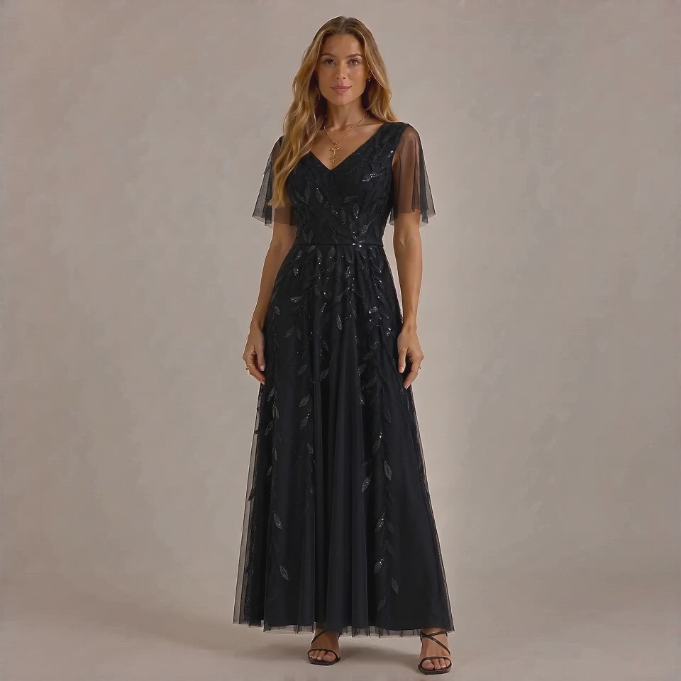 Deep V-Neck Sequin Tulle A-Line Gown – Flutter Sleeve Formal Evening Dress | Oyese
