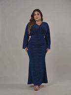 Plus Size V-Neck Glitter Mermaid Gown – Long Sleeve Sparkle Evening Dress | Oyese