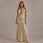 Halter Cowl Neck Satin Mermaid Gown – Backless Tie-Bow Evening Dress | Oyese