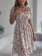 Off-Shoulder Floral Puff Sleeve Ruffle A-Line Dress | Oyese