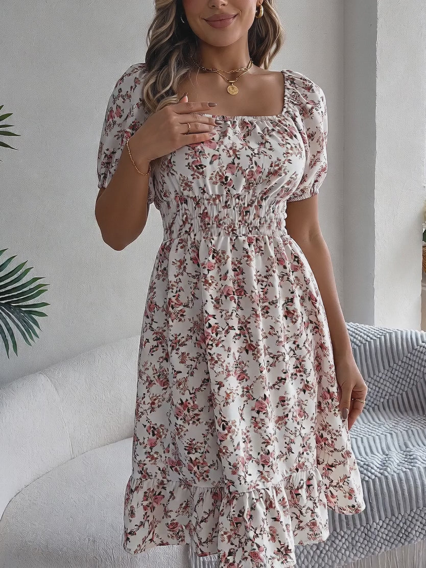 Off-Shoulder Floral Puff Sleeve Ruffle A-Line Dress | Oyese