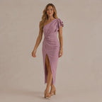 One Shoulder Ruffle Sleeve Cutout Maxi Dress – High Slit Formal Gown | Oyese