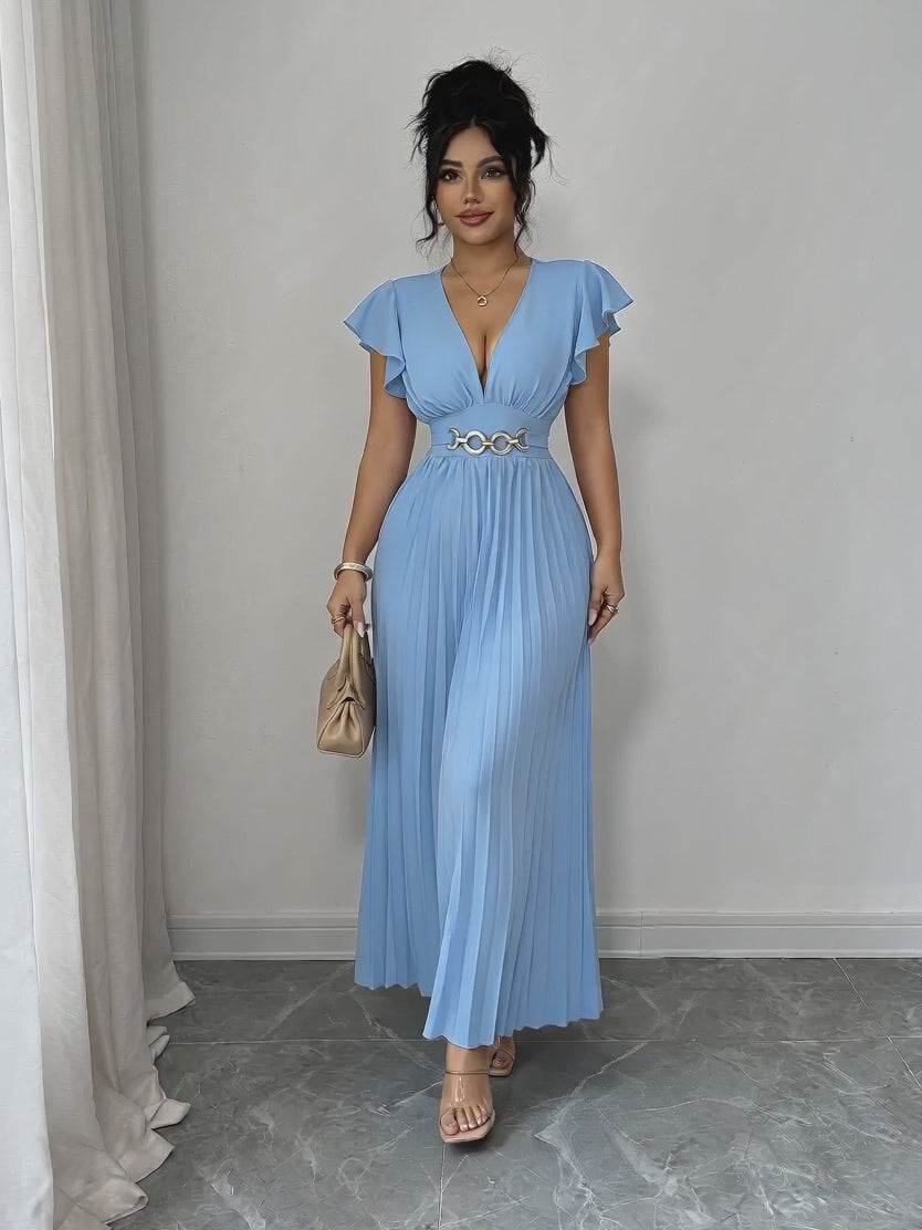 V-Neck Ruffle Sleeve Fit & Flare Midi Dress – A-Line Elegant Dress | Oyese