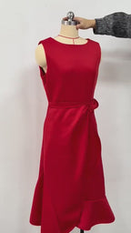 Twisted Knot Waist Midi Dress – Sleeveless Round Neck Office Dress | Oyese