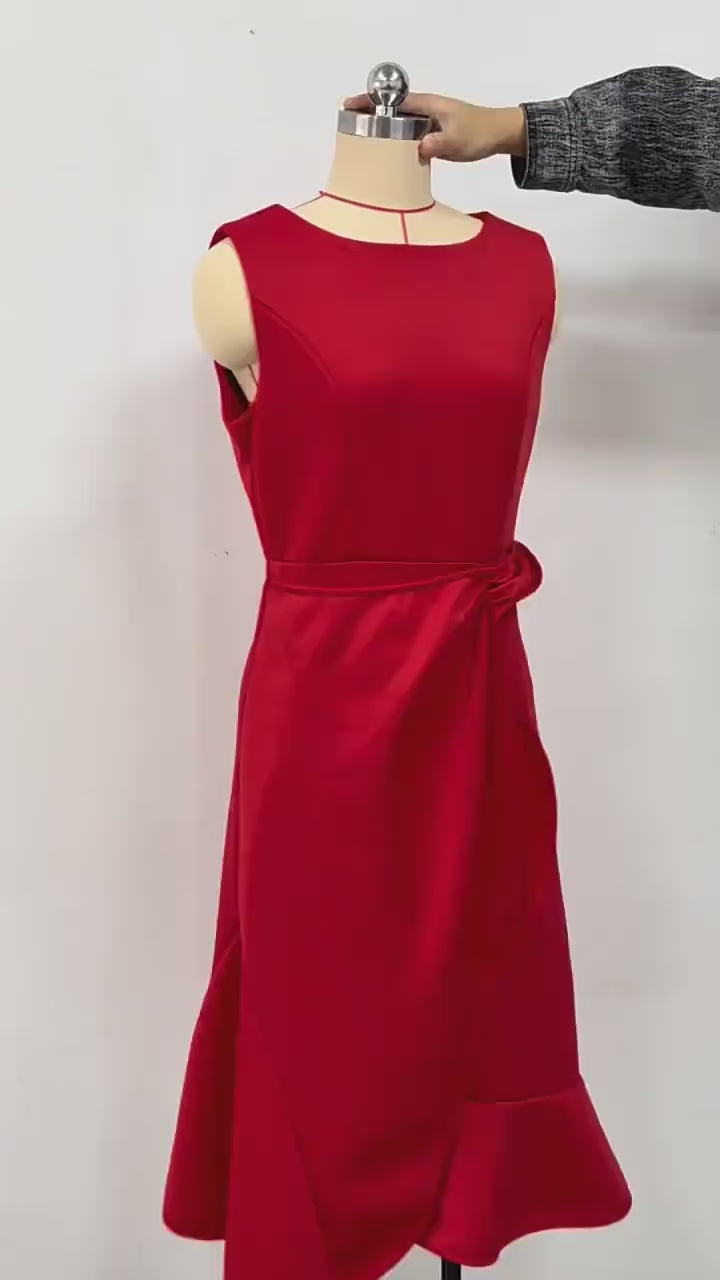 Twisted Knot Waist Midi Dress – Sleeveless Round Neck Office Dress | Oyese