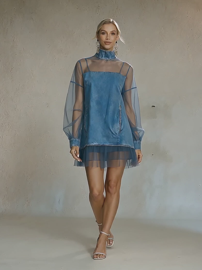 Mock Neck Sheer Mesh Denim Panel Mini Dress – Oversized Edgy Streetwear | Oyese