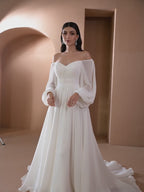 Off-Shoulder Long Sleeve Sweetheart Gown – Pleated Fitted Formal Dress | Oyese